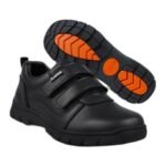 Boys' black leather school shoes with two chunky velcro straps and an orange grip sole