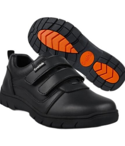 Boys' black leather school shoes with two chunky velcro straps and an orange grip sole