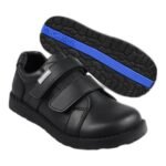 Boys' black leather school shoes with two velcro straps and a blue-striped grip sole