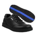 Boys' black lace-up school shoes with brogue punching and a blue-striped sole
