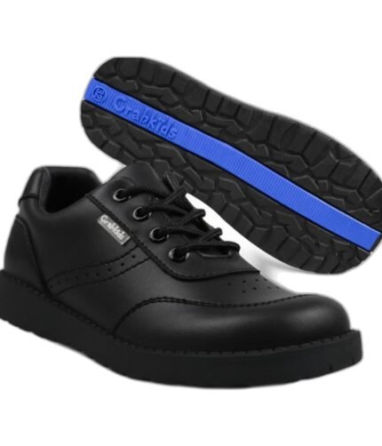 Boys' black lace-up school shoes with brogue punching and a blue-striped sole