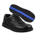 Boys' black leather lace-up derby school shoes with a thick blue-trim sole