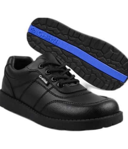 Boys' black leather lace-up derby school shoes with a thick blue-trim sole