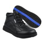 Boys' black leather lace-up school ankle boots with a blue-striped grip sole