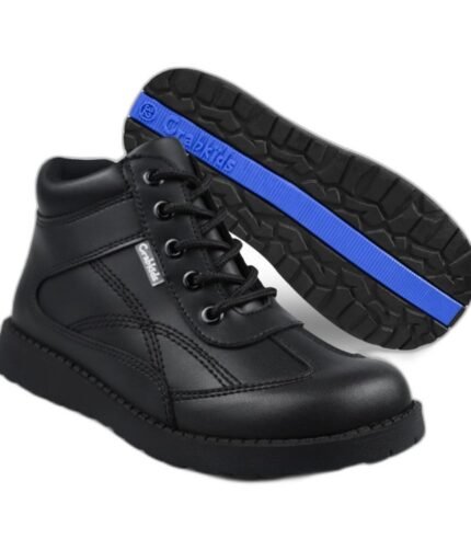 Boys' black leather lace-up school ankle boots with a blue-striped grip sole