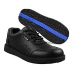 Boys' black leather lace-up school trainers with a textured toe and blue-trim sole
