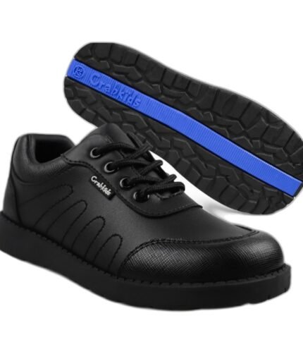 Boys' black leather lace-up school trainers with a textured toe and blue-trim sole