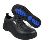 Boys' black leather lace-up school shoes with stitched detailing and a blue grip sole