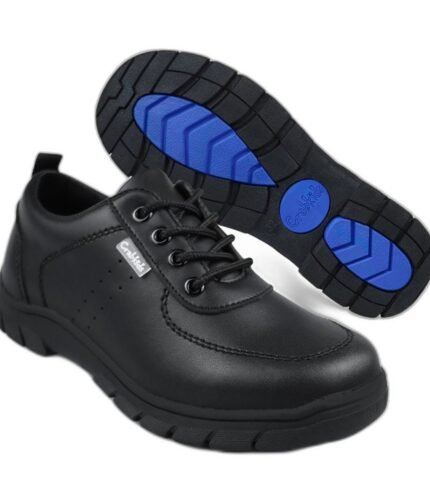 Boys' black leather lace-up school shoes with stitched detailing and a blue grip sole