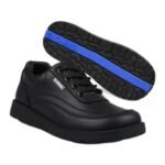 Boys' black moc-toe lace-up school shoes with a chunky blue-striped sole