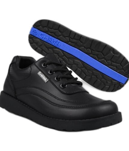 Boys' black moc-toe lace-up school shoes with a chunky blue-striped sole
