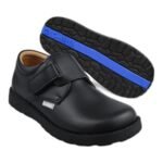Boys' black school shoes with a padded single velcro strap and blue-trim sole