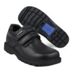 Boys' black round-toe school shoes with a velcro strap and blue-striped sole