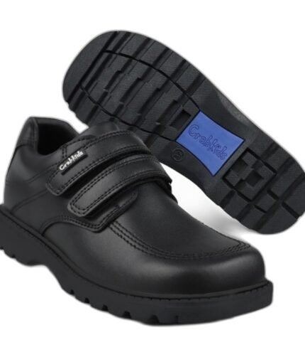 Boys' black round-toe school shoes with a velcro strap and blue-striped sole