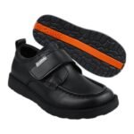 Boys' black leather school shoes with one velcro strap and an orange-striped grip sole