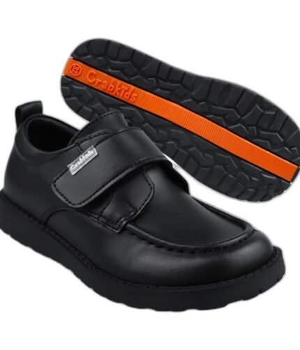 Boys' black leather school shoes with one velcro strap and an orange-striped grip sole
