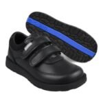 Boys' black school shoes with twin velcro straps, visible stitching and a blue-trim sole