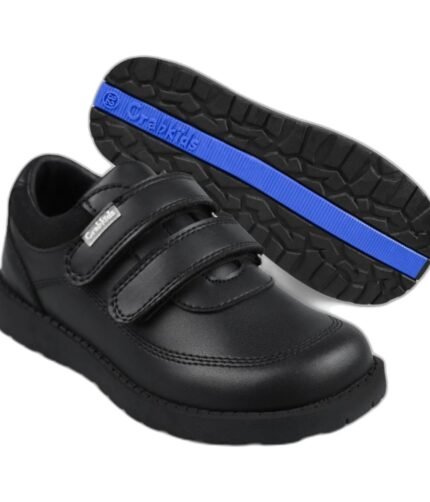 Boys' black school shoes with twin velcro straps, visible stitching and a blue-trim sole