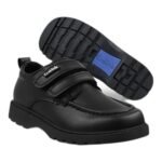 Boys' black leather school shoes with two velcro straps and a blue grip sole