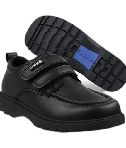 Boys' black leather school shoes with two velcro straps and a blue grip sole