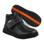 Boys' black leather school ankle boots with a velcro strap and orange-striped sole