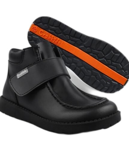 Boys' black leather school ankle boots with a velcro strap and orange-striped sole