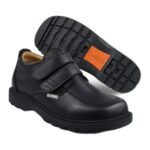 Boys' wide-fit black school shoes with twin velcro straps and an orange sole tab