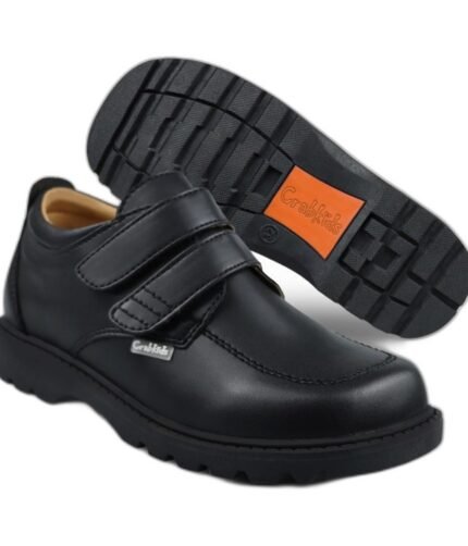 Boys' wide-fit black school shoes with twin velcro straps and an orange sole tab