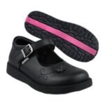 Girls' black leather school shoes with a buckle strap, flower motif and pink-striped sole