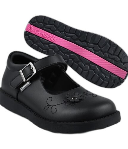 Girls' black leather school shoes with a buckle strap, flower motif and pink-striped sole