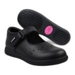Girls' black Mary Jane school shoes with a velcro strap and punched petal detail