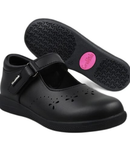 Girls' black Mary Jane school shoes with a velcro strap and punched petal detail