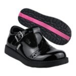 Girls' black patent school shoes with a T-bar buckle and brogue punching