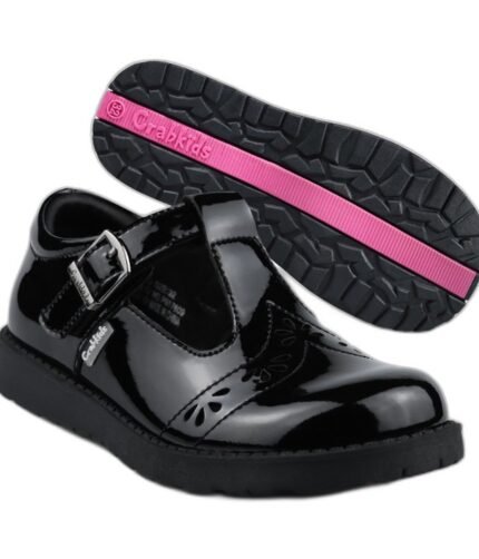 Girls' black patent school shoes with a T-bar buckle and brogue punching