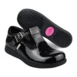 Girls' black patent T-bar school shoes with a silver buckle and pink-striped sole