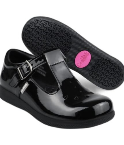 Girls' black patent T-bar school shoes with a silver buckle and pink-striped sole