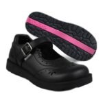Girls' black leather buckle school shoes with punched floral detail and a pink sole stripe