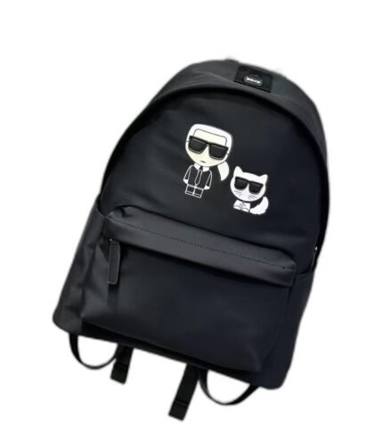 Kids' black nylon backpack with a cartoon character print on the front