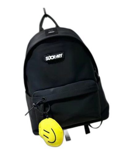 Kids' black nylon backpack with a front graphic patch and a yellow smiley charm