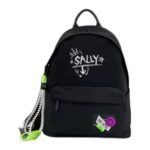 Kids' black nylon backpack with a white graphic print and a beaded charm