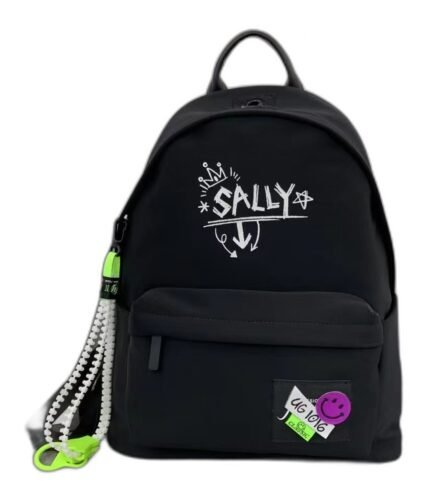 Kids' black nylon backpack with a white graphic print and a beaded charm