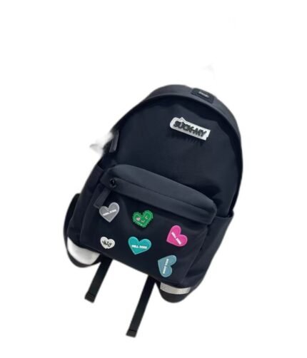 Kids' black nylon school backpack decorated with colourful heart patches