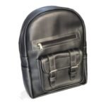 Handmade black leather kids' backpack with twin buckle pockets, front view