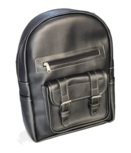 Handmade black leather kids' backpack with twin buckle pockets, front view