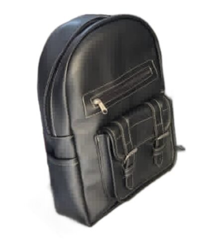 Handmade black leather kids' backpack with a zip pocket and twin buckle pockets