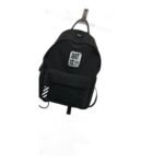 Kids' black nylon school backpack with a white slogan patch on the front