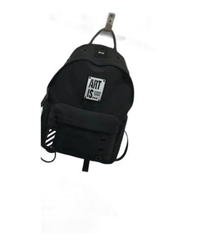 Kids' black nylon school backpack with a white slogan patch on the front