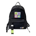 Kids' black nylon school backpack with four colourful smiley face patches