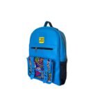 Handmade bright blue leather kids' backpack with a kitenge print front pocket