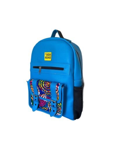 Handmade bright blue leather kids' backpack with a kitenge print front pocket